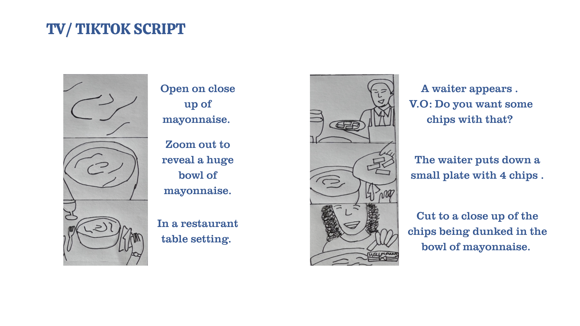 A comic-style instructional graphic explaining how to make TikTok-style mayonnaise chips, showing drawings of mayonnaise, a restaurant table setting, a waiter, chips being dunked in mayonnaise, and a smiling person.