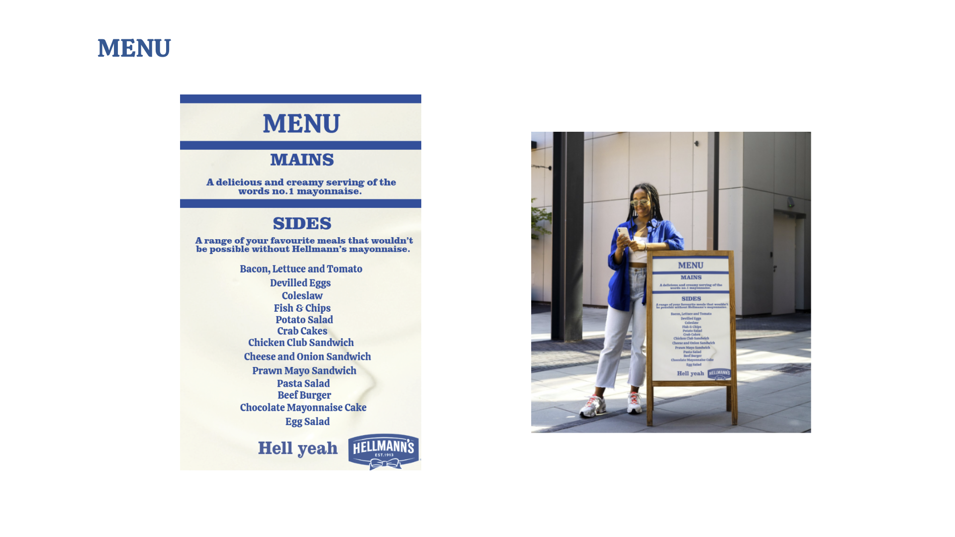 A woman standing outdoors next to a menu sign for Hellmann's restaurant, wearing glasses, a blue jacket, light-colored pants, and sneakers, looking at her phone.
