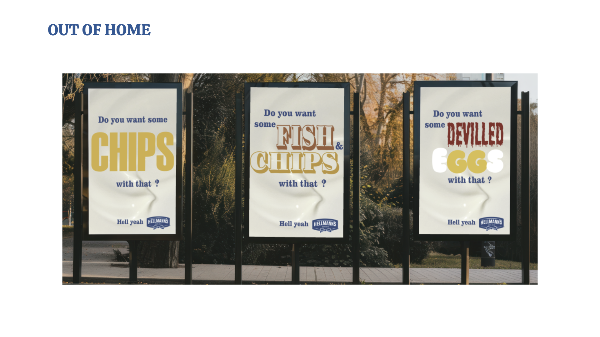 Three outdoor advertisement signs with a nature background, featuring text about different food options: chips, fish and chips, and deviled eggs, with the phrase 'Out of Home' at the top.