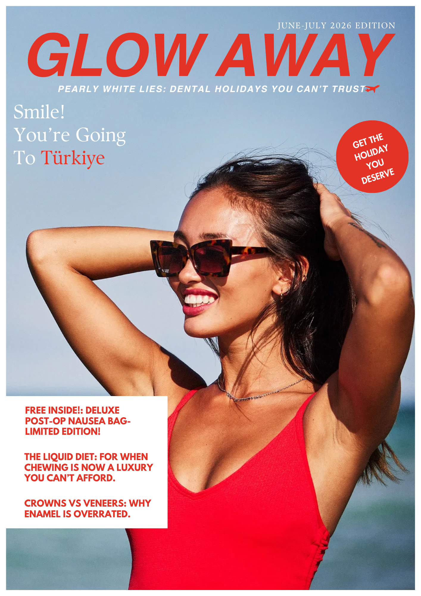 A young woman with dark hair, wearing sunglasses and a red tank top, smiling outdoors against a blue sky background.