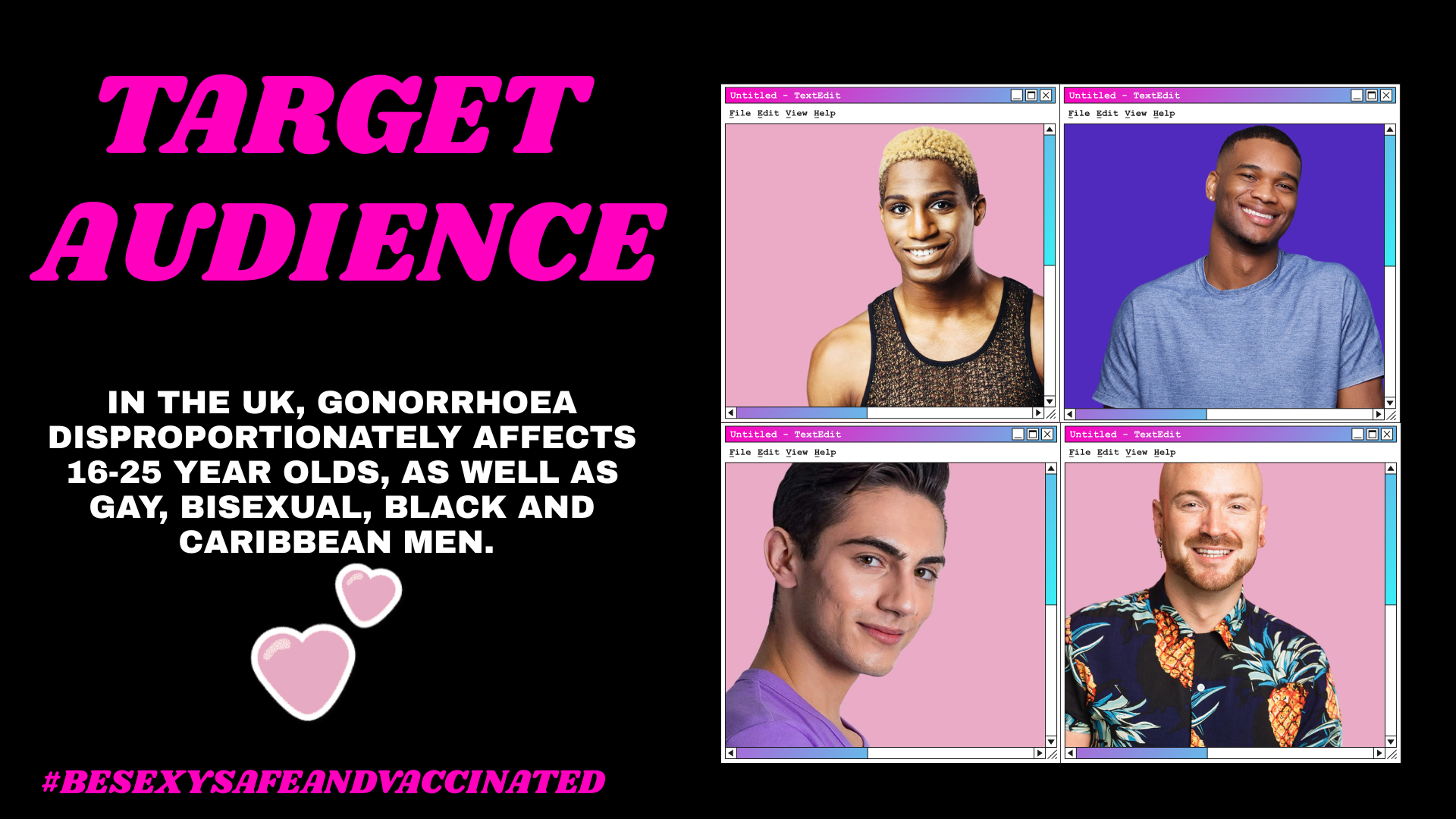 A digital graphic highlighting the impact of gonorrhea on young men, featuring four photos of diverse men with colorful backgrounds, text about gonorrhea affecting 16-25 year olds and sexual minorities in the UK, and a hashtag #BESSEXYSAFEANDVACCINAT