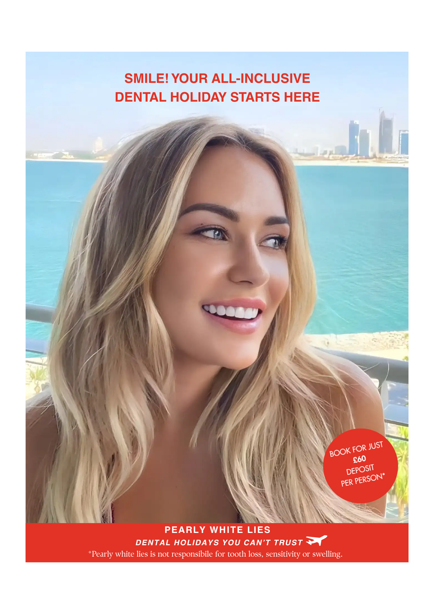 Smiling blonde woman with blue eyes at an outdoor dental holiday advertisement with a cityscape and water in the background.