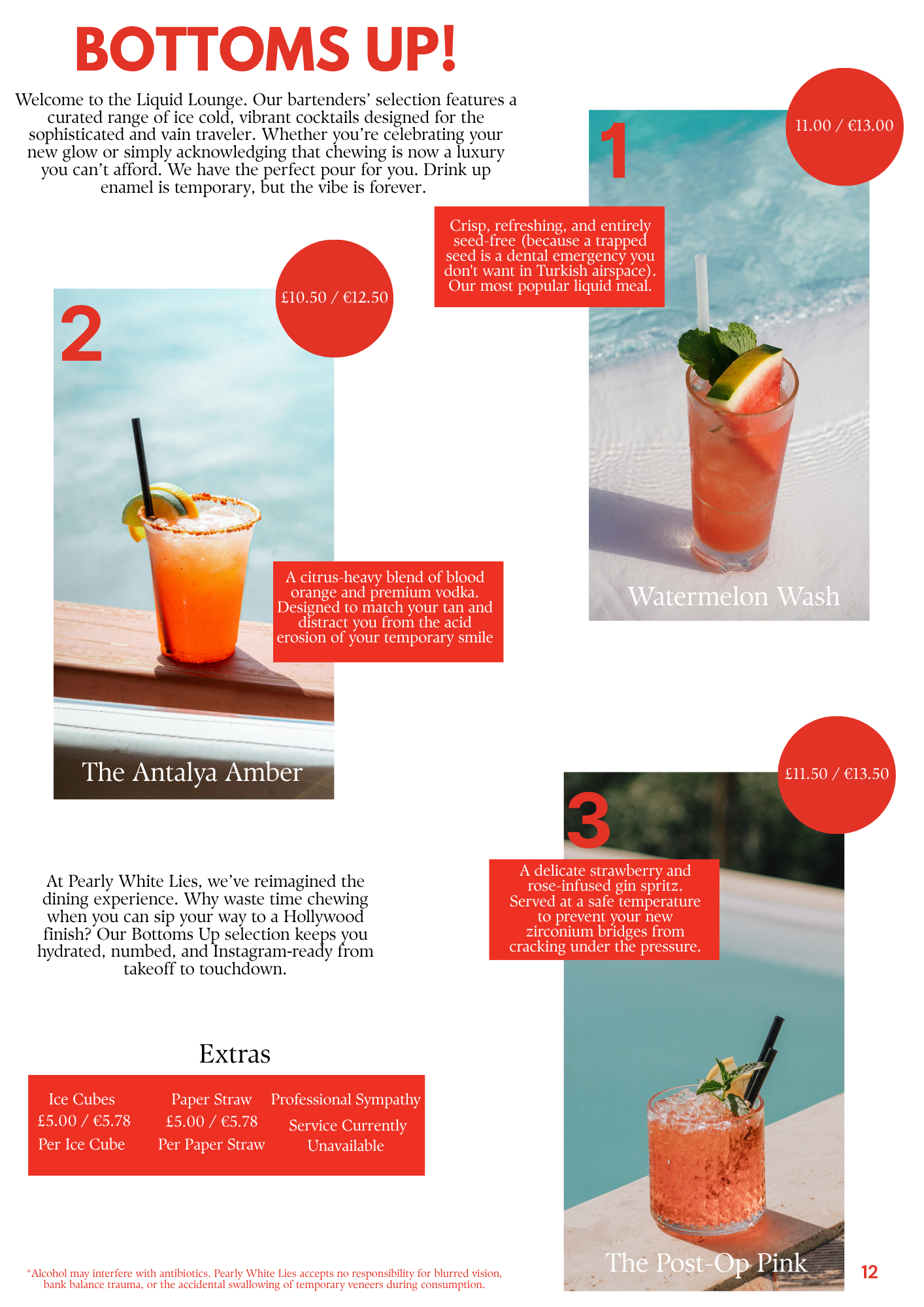 A page from a menu titled 'BOTTOMS UP!' featuring images of three colorful cocktails with descriptions and prices. The first is a watermelon wash, the second is The Antalya Amber, and the third is The Post-Op Pink.
