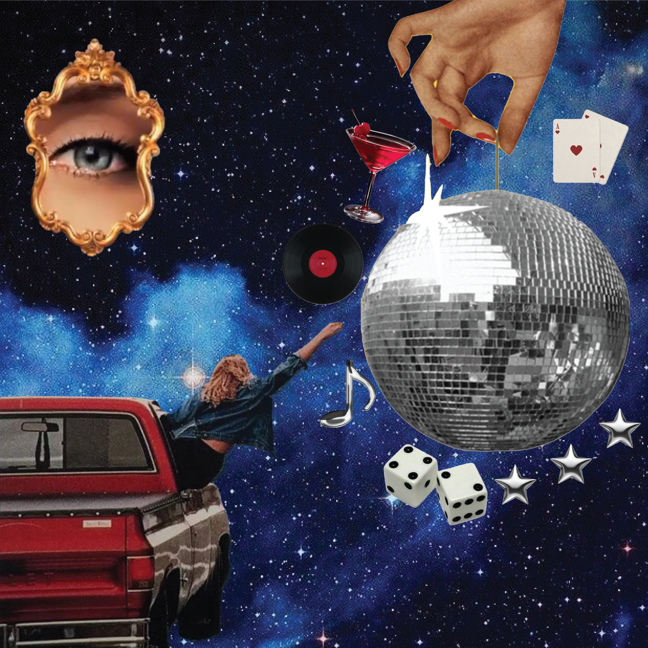 A surreal space scene with various objects, including a mirror with a human eye, a red bus, a vinyl record, a pair of dice, a poker hand, a disco ball, a hand placing a cherry into a cocktail glass, a disco ball, a person's arm, and a large reflectiv