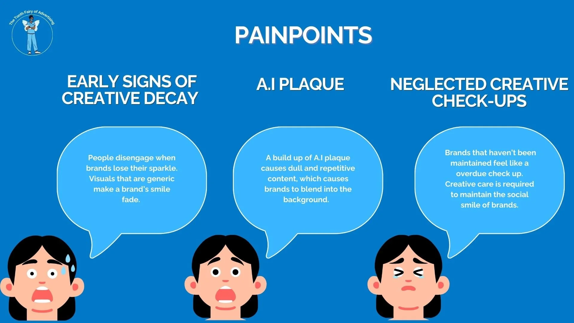 Infographic with three cartoon characters showing signs of creative decay, AI plaque, and neglected creative check-ups, with text explaining each point.