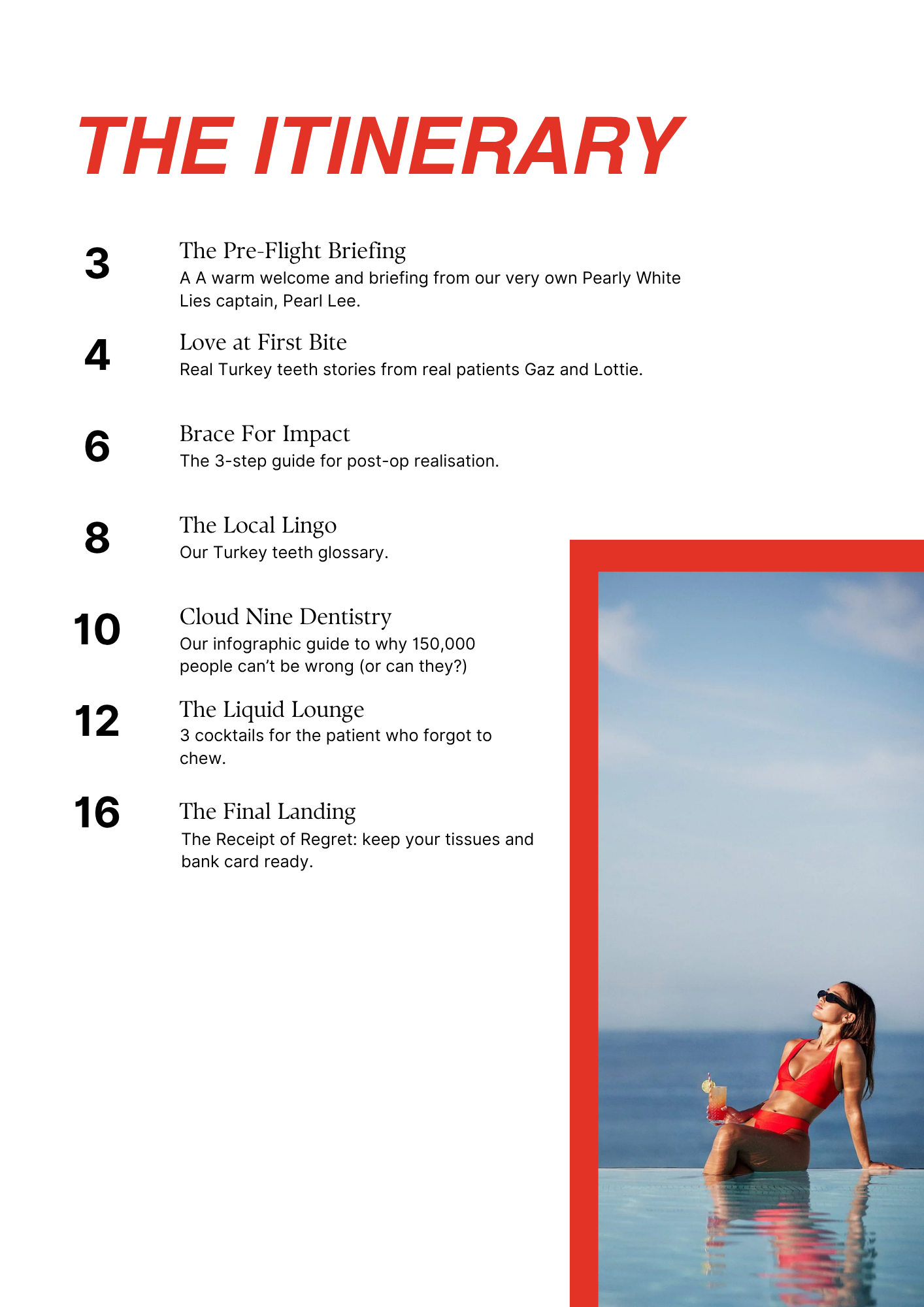 Part of a beach resort itinerary with events listed from pages 3 to 16, including pre-flight briefing, love at first bite, brace for impact, local lingo, cloud nine dentistry, liquid lounge, and the final landing, with a woman in a red bikini enjoyin