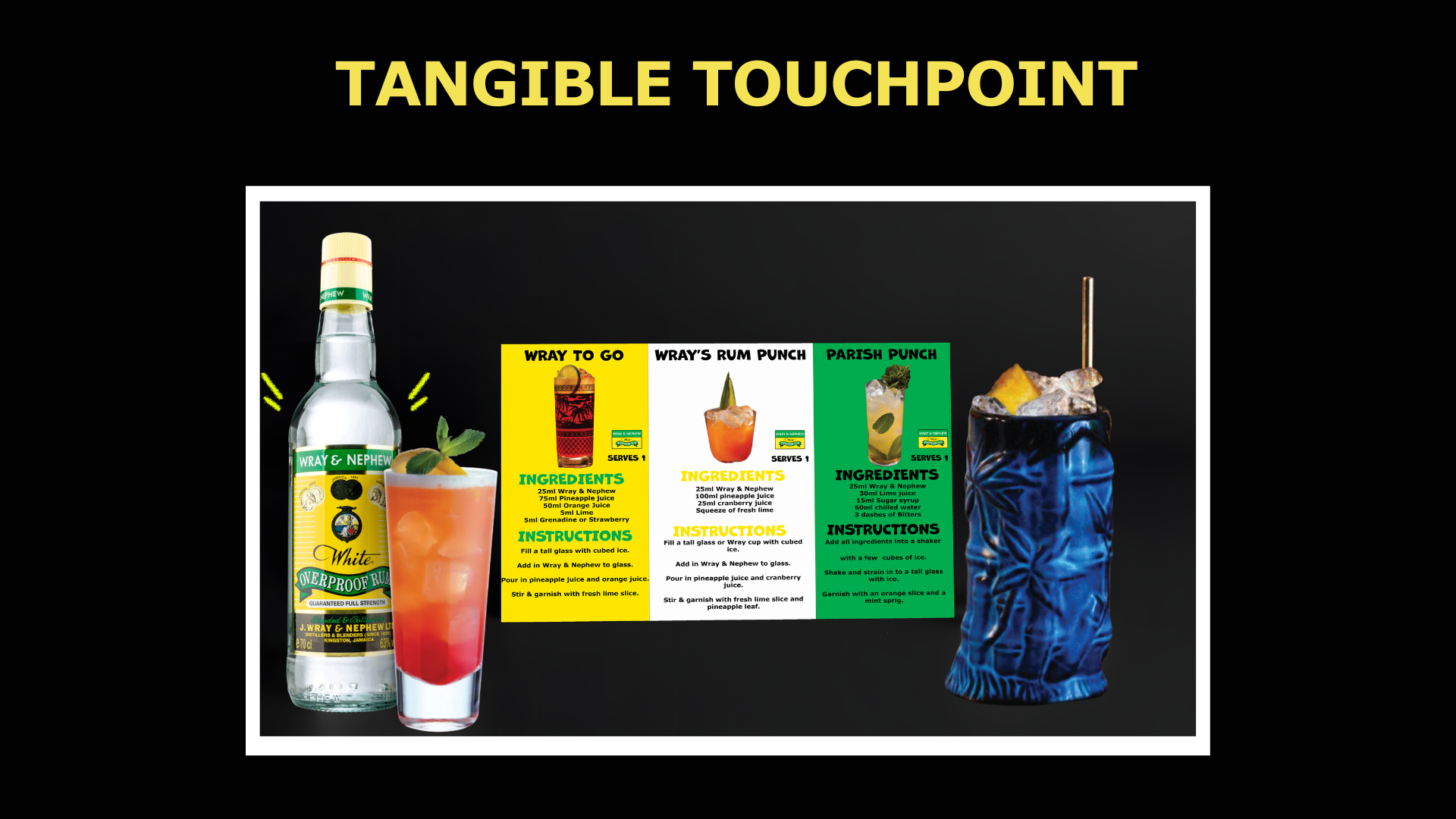 Infographic titled "Tangible Touchpoint" with images and recipes for a drink using Wray & Nephew White Overproof Rum, including ingredients and instructions for three variations: "Wray to Go," "Wray's Rum Punch," and "Parish Punch."