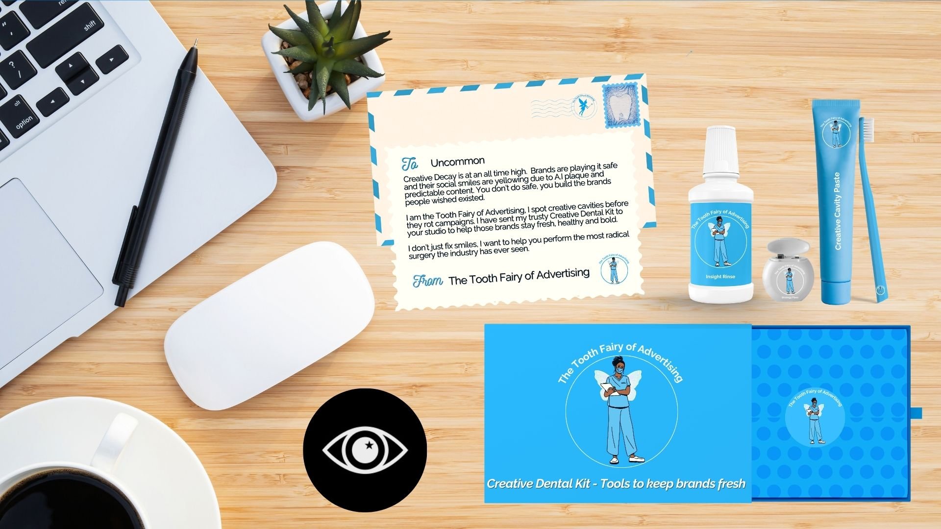 The image shows a workspace with a laptop, a black pen, a small potted succulent plant, a white wireless mouse, a cup of black coffee, and various dental care products including toothpaste, mouth spray, and dental kits with blue packaging. There is a