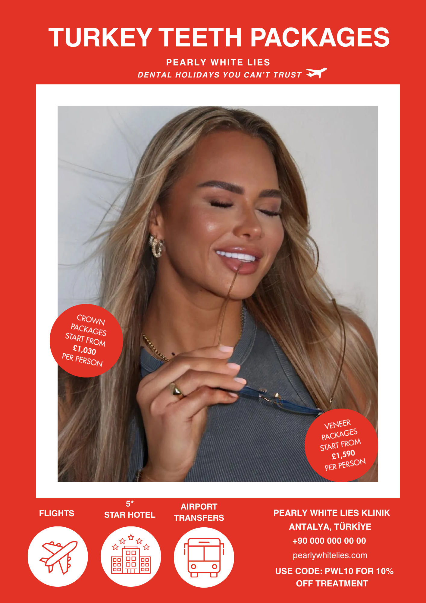 A woman with long blonde hair, closed eyes, holding sunglasses near her mouth, smiling gently, wearing a sleeveless top, with earrings and a necklace. The background includes promotional text about Turkey teeth packages, dental holiday services in An