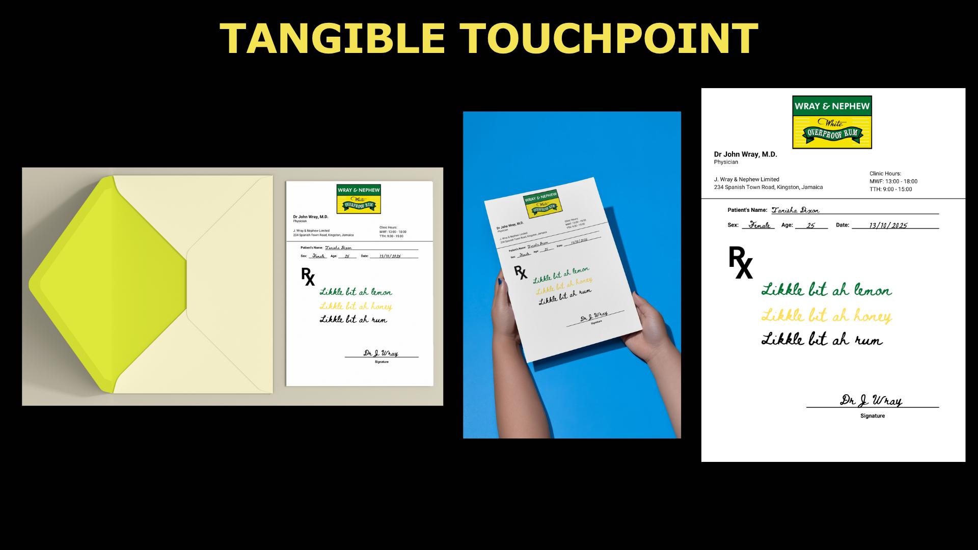 Image showing a yellow and green envelope, a medical prescription with colorful handwriting, a hand holding the prescription, and a close-up of a printed prescription with a logo in the top right corner, all labeled "Tangible Touchpoint."