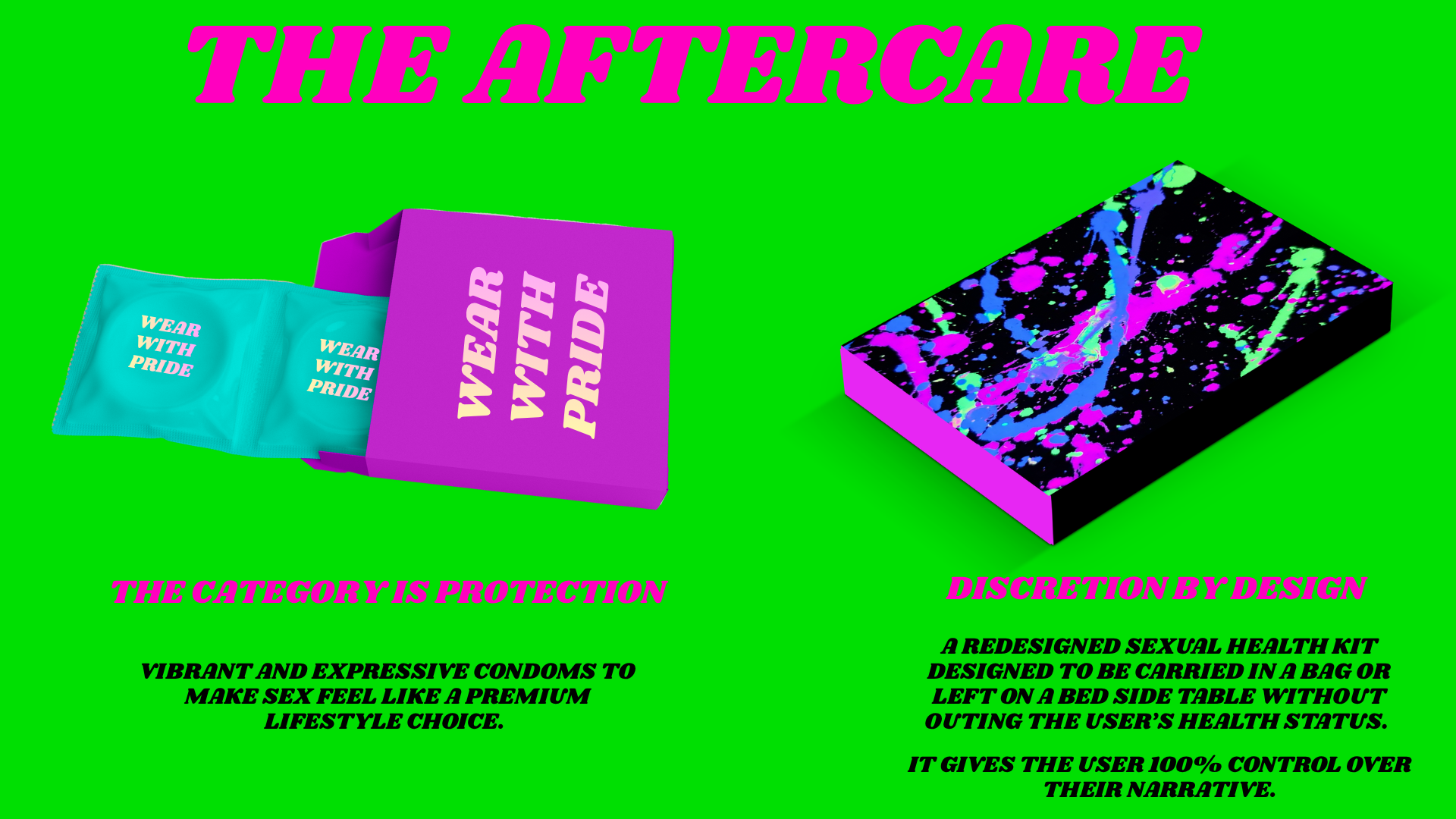 Image showcasing a sexual health kit called 'Wear With Pride'. The kit includes vibrant, expressive condoms in protective packaging and a colorful, abstract-designed box. The background is green with bold pink text highlights, emphasizing protection,