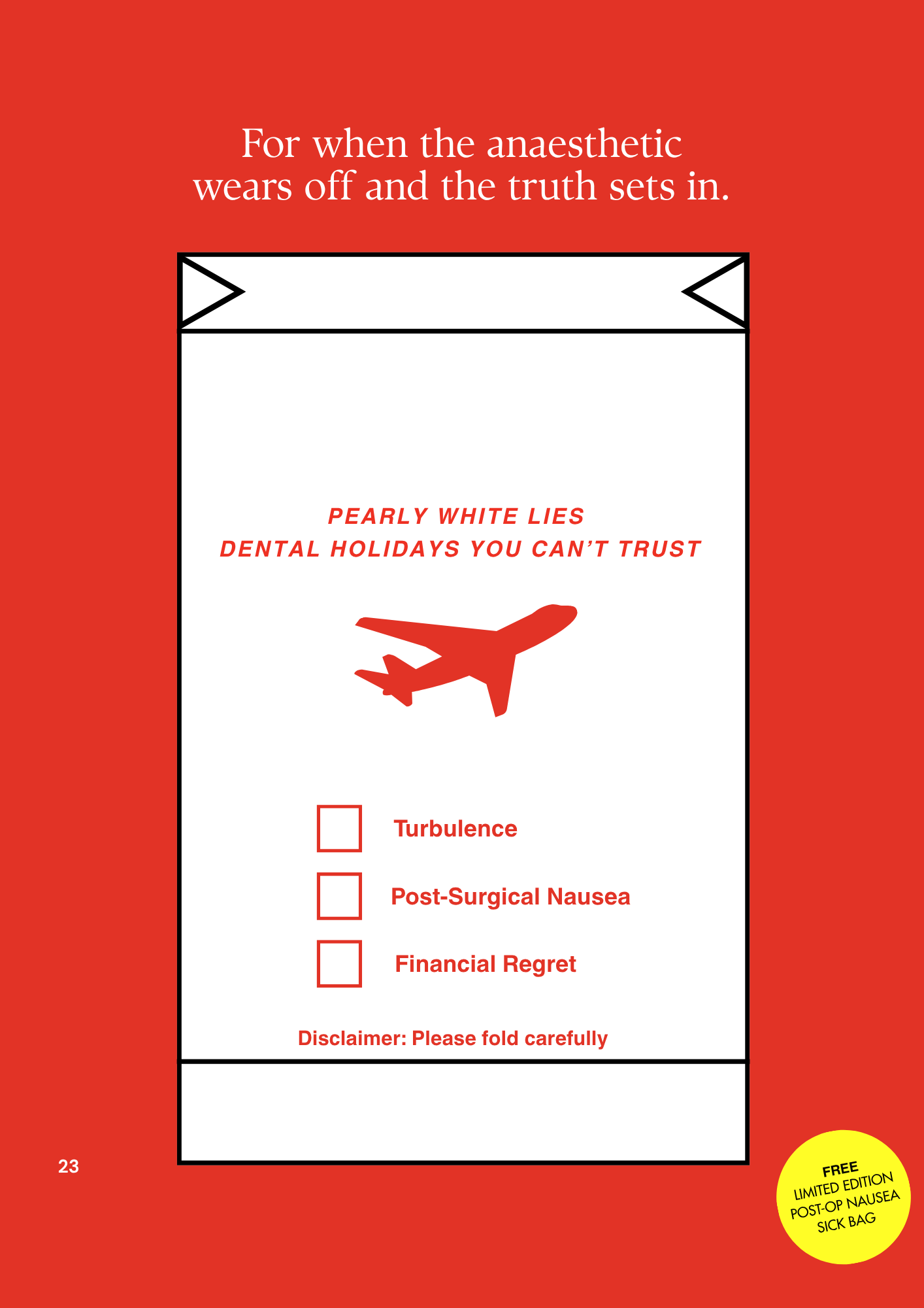 A health questionnaire form with a red background, indicating it's a limited edition post-op nausea sick bag, featuring checkboxes for symptoms like turbulence, post-surgical nausea, financial regret, and a disclaimer to fold carefully.