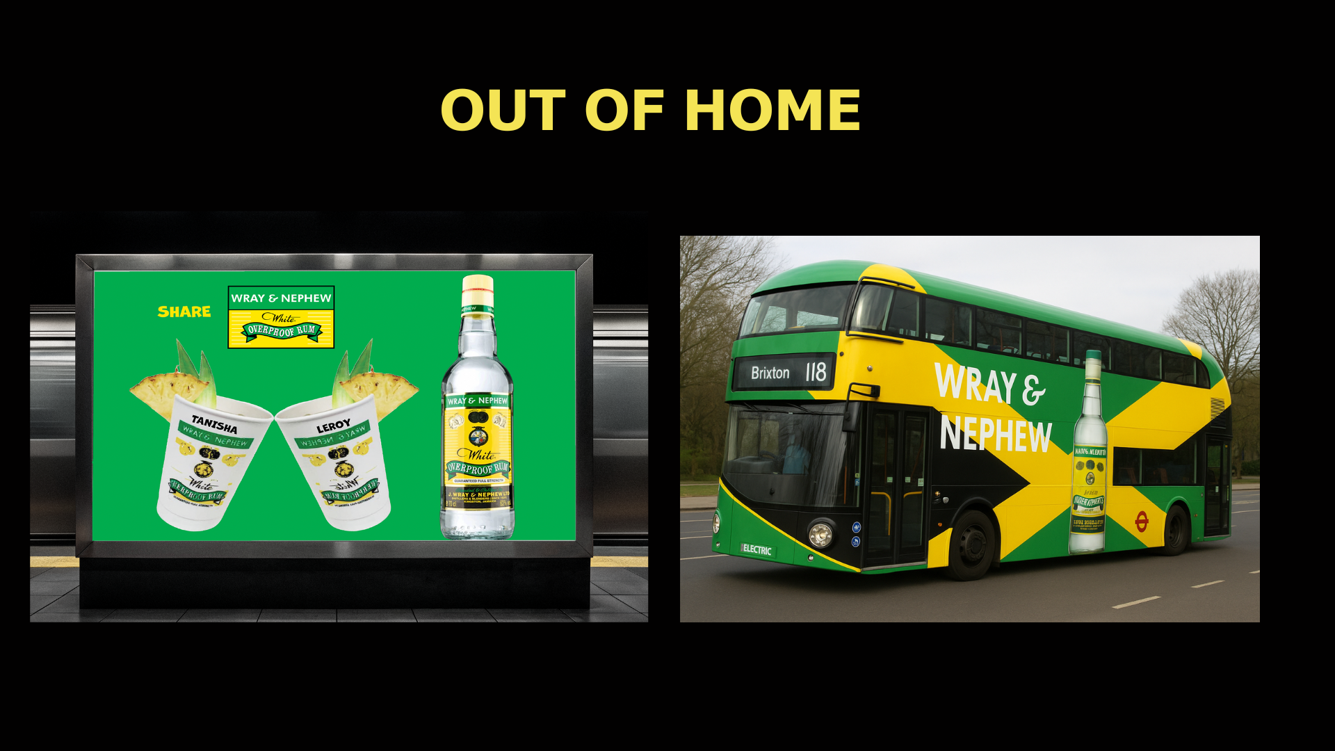 A split image with a bus stop advertisement on the left and a double-decker bus on the right, both featuring branding for Wray & Nephew.