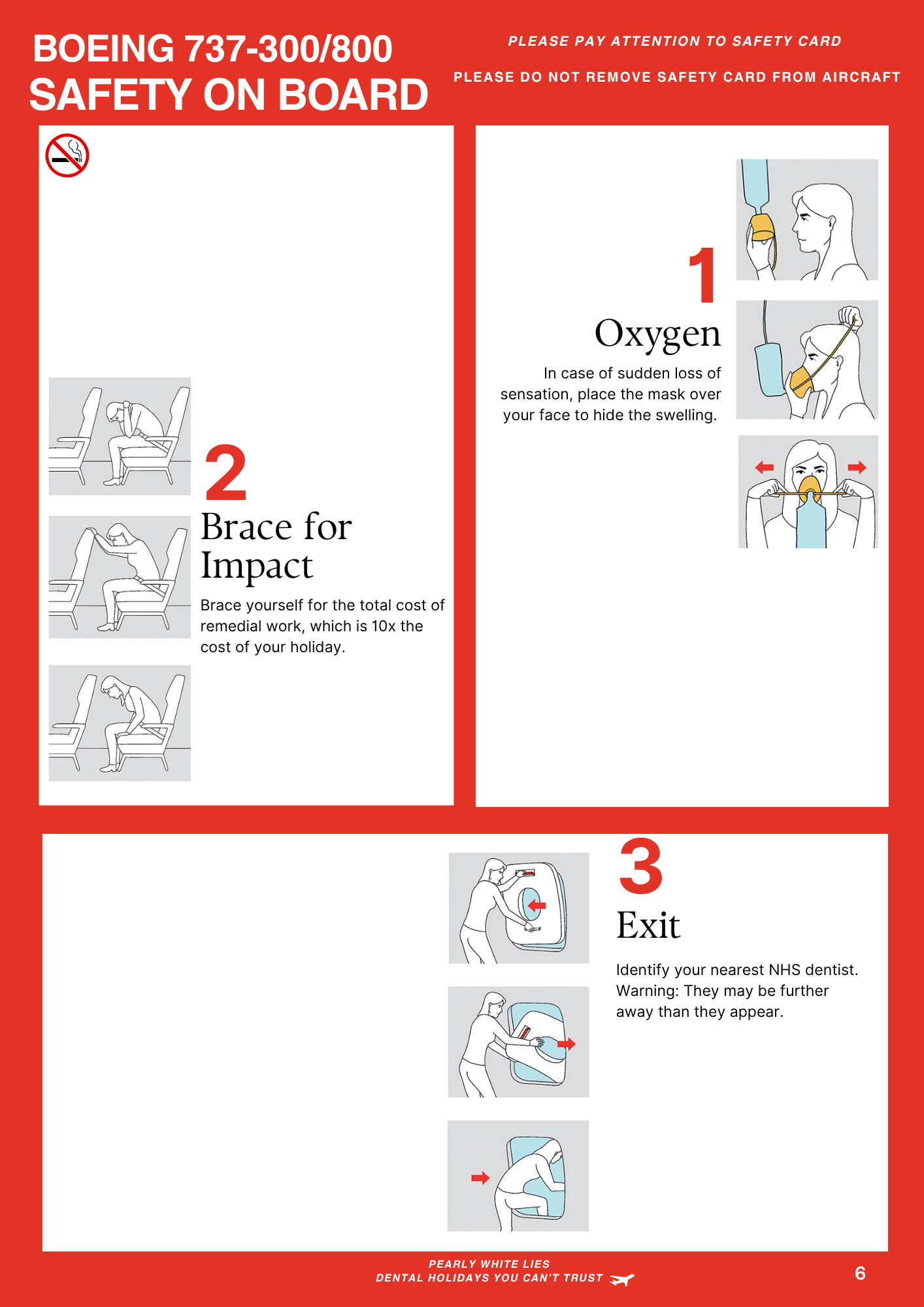 Infographic poster for Boeing 737-300/800 safety procedures. Step 1: Place mask over nose and mouth for oxygen. Step 2: Brace for impact, sit down with head between knees, and hold onto the seat in front. Step 3: Exit the aircraft after removing your