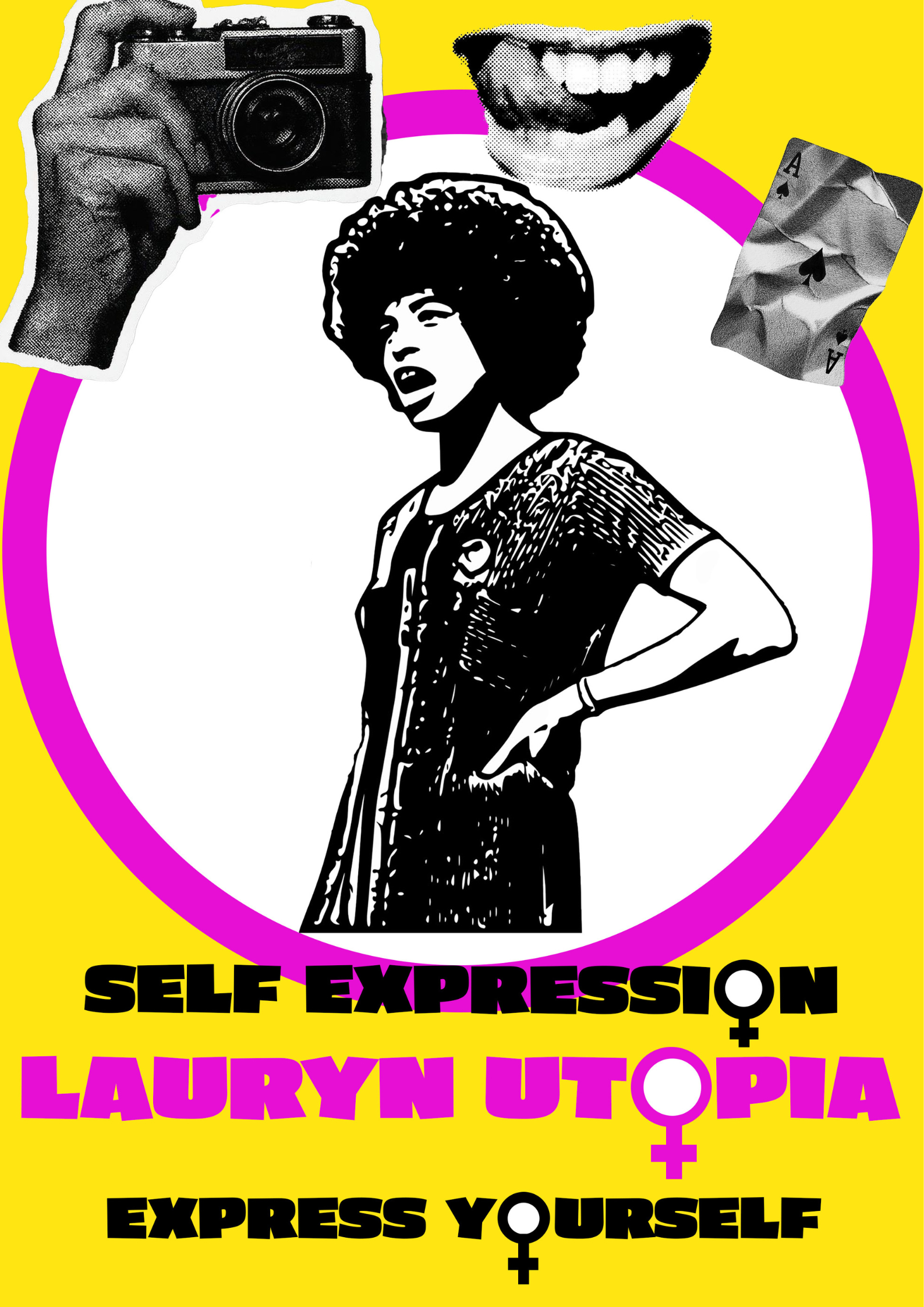 A collage with a yellow background and pink border text. Central black and white illustration of a woman with an Afro hairstyle and a confident gesture. Surrounding elements include a hand holding a camera, a smiling mouth, and a crumpled playing car