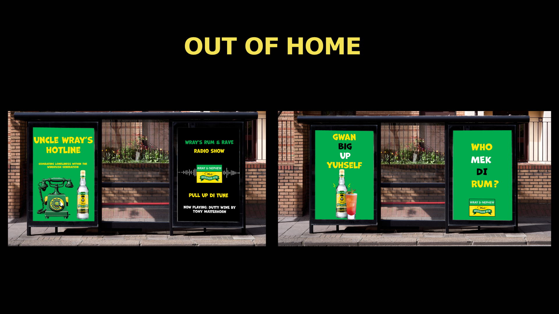 Bus stop shelters with advertising posters for Wray's Rum & Rave, featuring bright green backgrounds and yellow text, along with images of rum bottles and drinks.