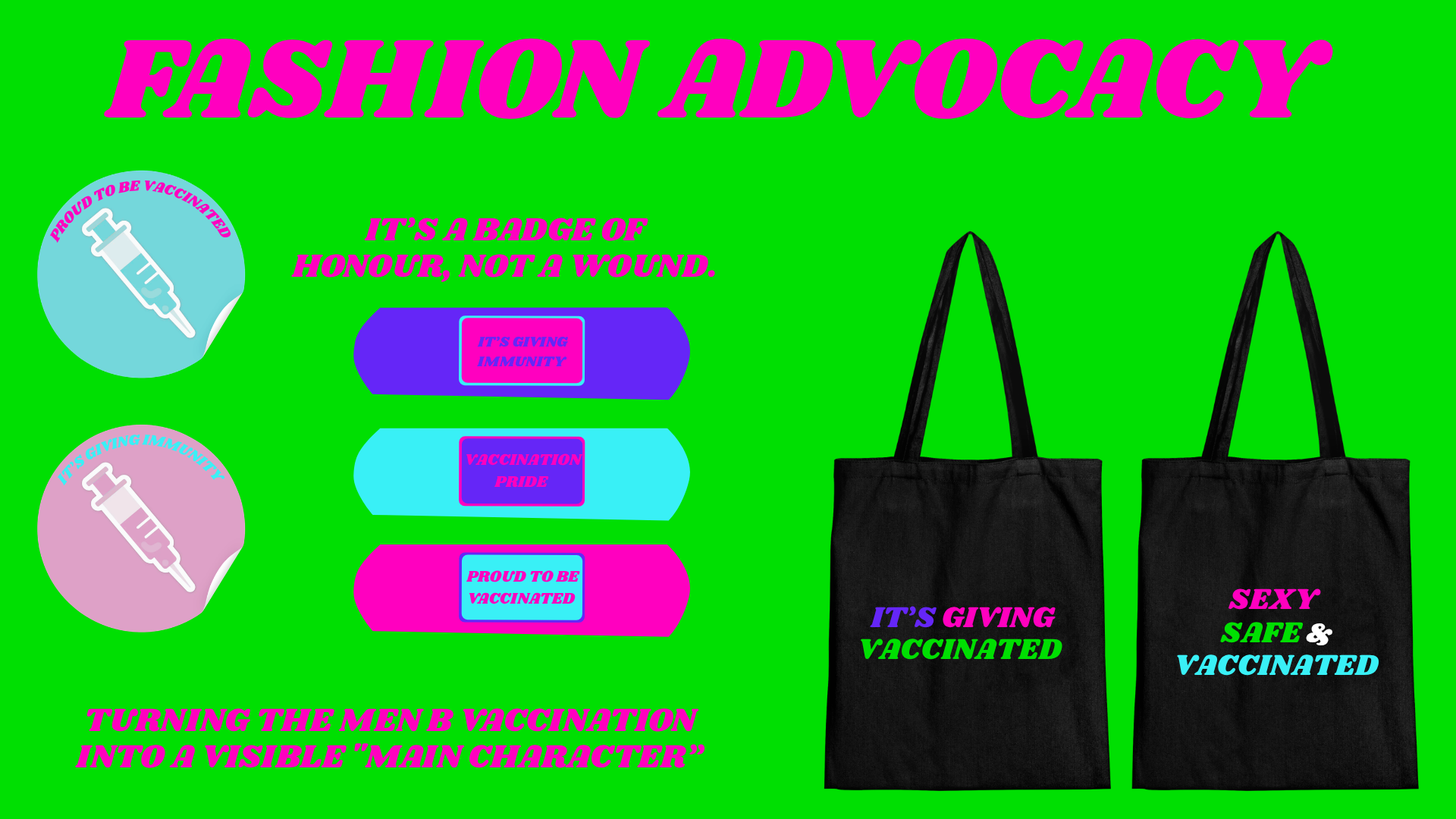 Digital graphic promoting vaccination advocacy with badges, bags, and colorful text on a bright green background.
