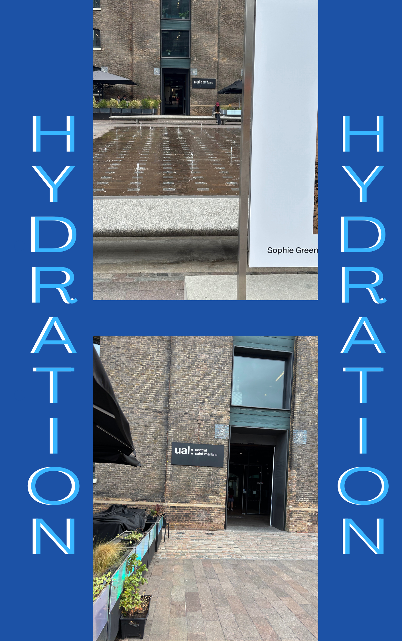 Entrance to a building with a sign that reads 'ual: central saint martins' on a brick wall, with an outdoor area featuring a bench, water fountains, and planters, in an urban setting.