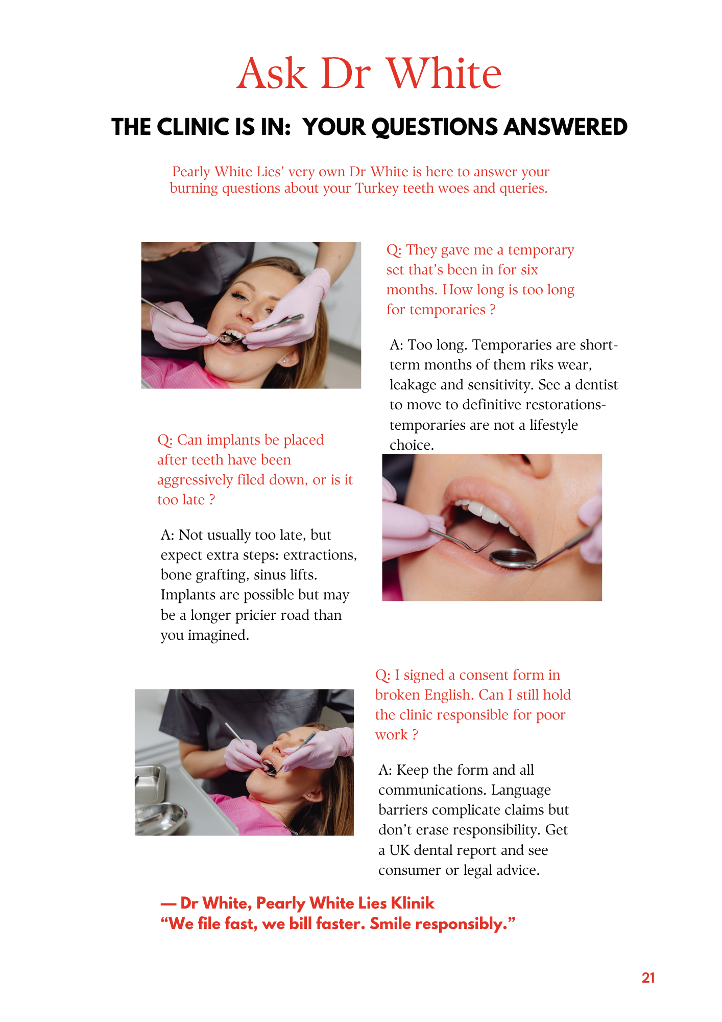 A dental clinic consultation page titled "Ask Dr White" with images of a woman receiving dental treatment and a dentist performing procedures, accompanied by questions and answers about dental implants and care.