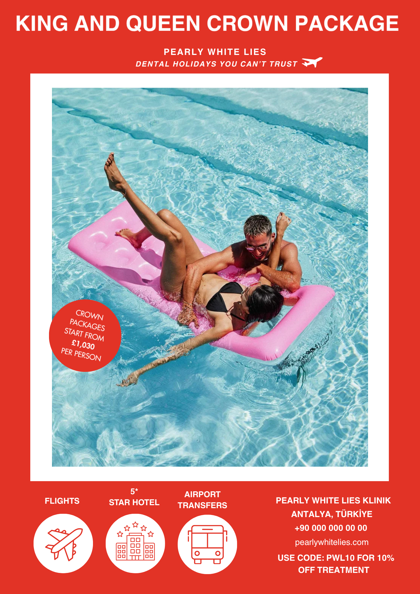 A framed advertisement for a travel package featuring a man and woman in a swimming pool on a pink float, with the man lifting the woman's legs and both laughing. The ad has a red border with bold white text, and includes icons of an airplane, hotel,