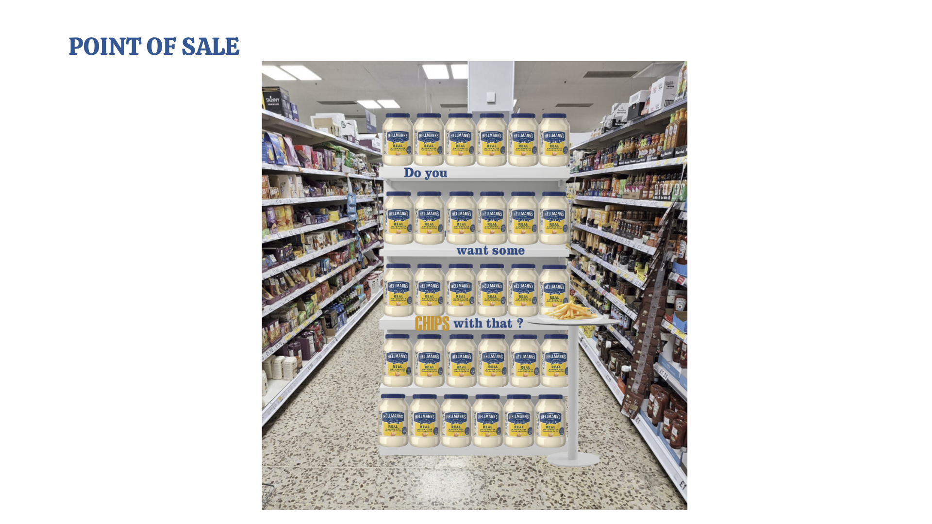 Shelves in a grocery store aisle displaying jars of Hellmann's mayonnaise with overlaid text that reads: "Point of Sale. Do you want some chips with that ?" including a plate of potato chips at the bottom right of the image.