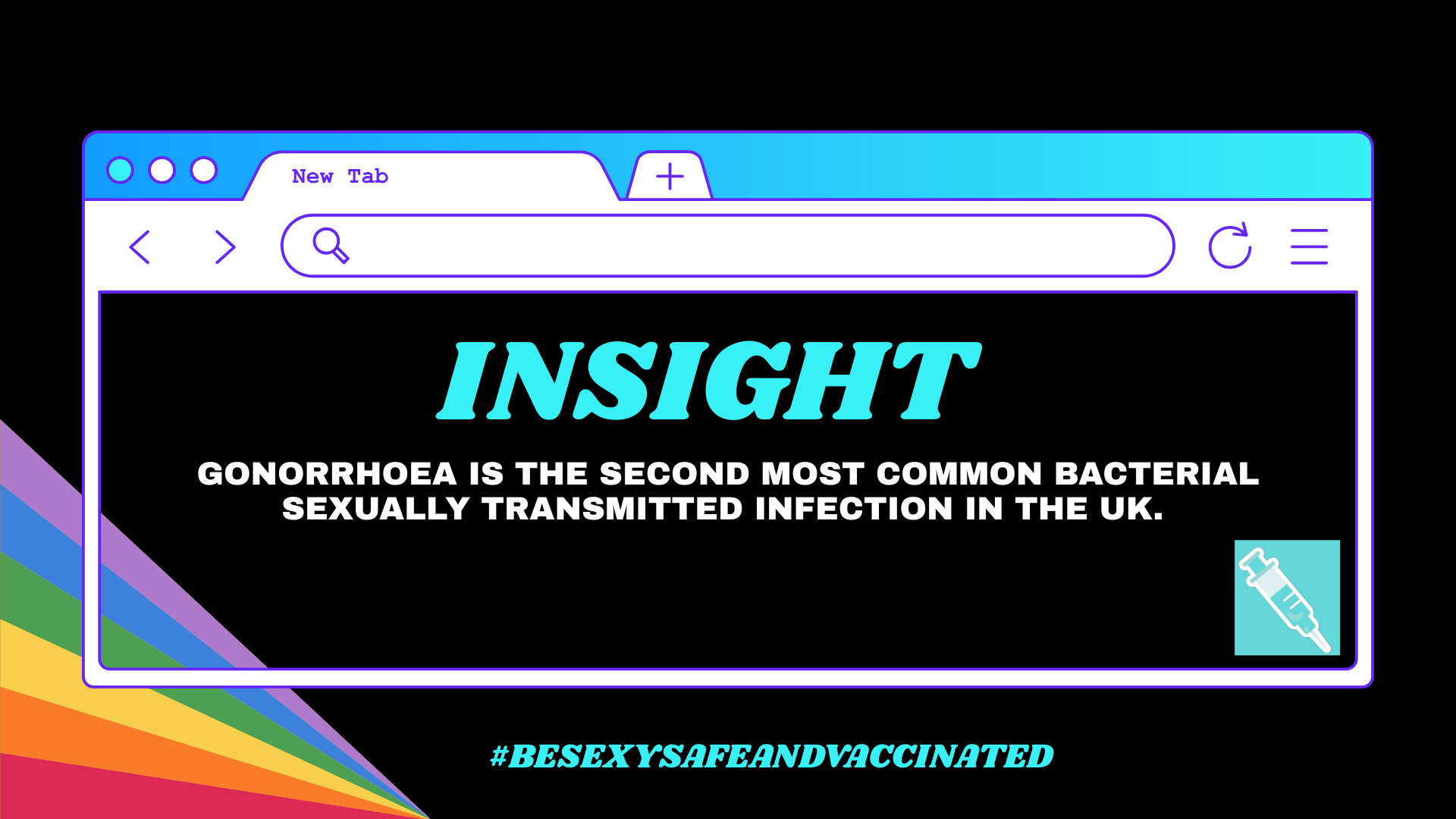 A digital graphic about gonorrhea, featuring a stylized computer window with a rainbow gradient on the left side. The window includes a search bar, navigation icons, and a syringe icon in the bottom right. The text states that gonorrhea is the second