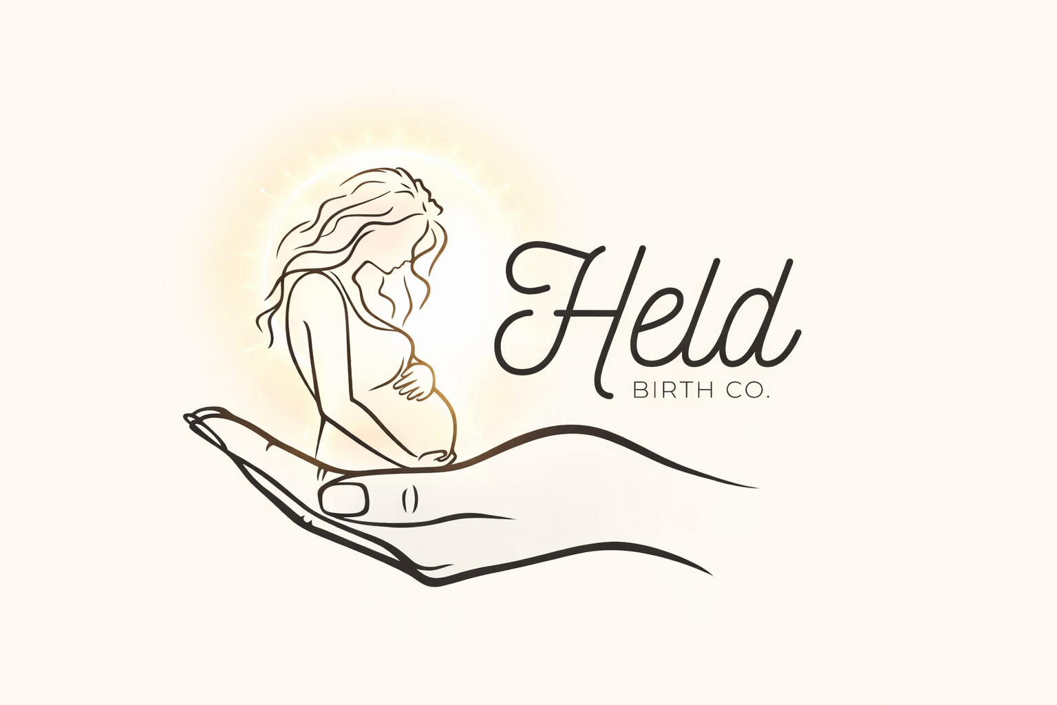 A line drawing of a pregnant woman with long hair, placed on an open hand, with a glowing halo behind her head. The image features the text 'Hed Birth Co.' in elegant cursive.