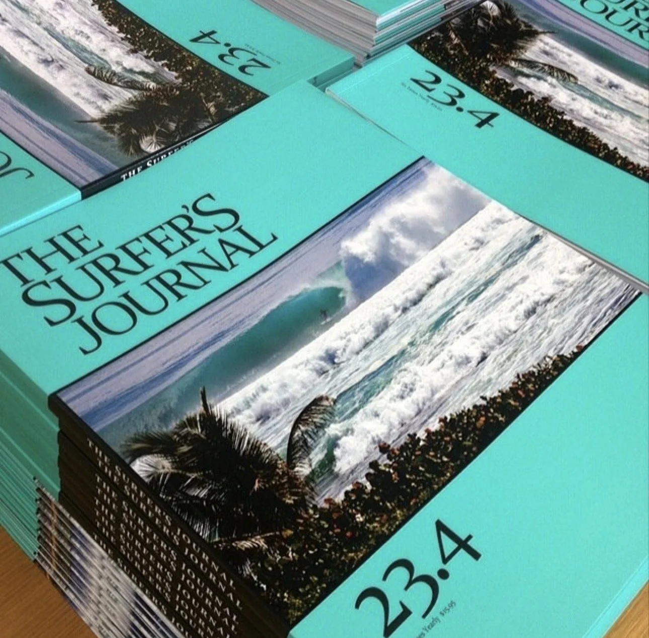 Stacked magazines titled "The Surfer's Journal" with a beach scene featuring palm trees and ocean waves on the cover.