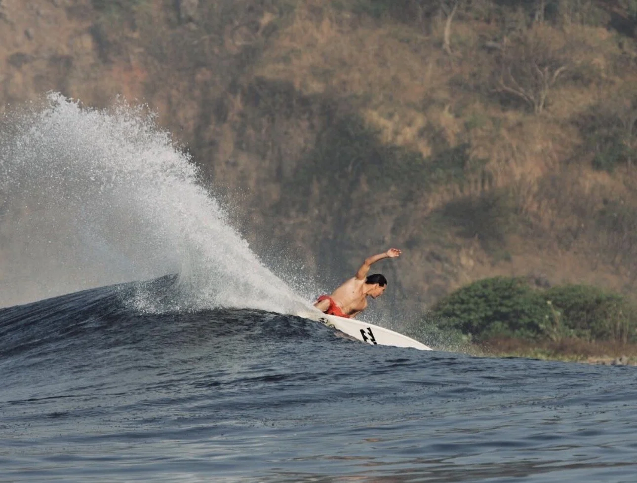 Andy Irons surfing on a wave with a rocky shoreline and some trees in the background photographed by Seth Stafford.