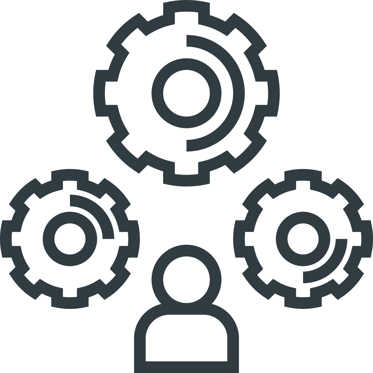 Icon of a person with gears above and around their head, representing thinking or problem solving.