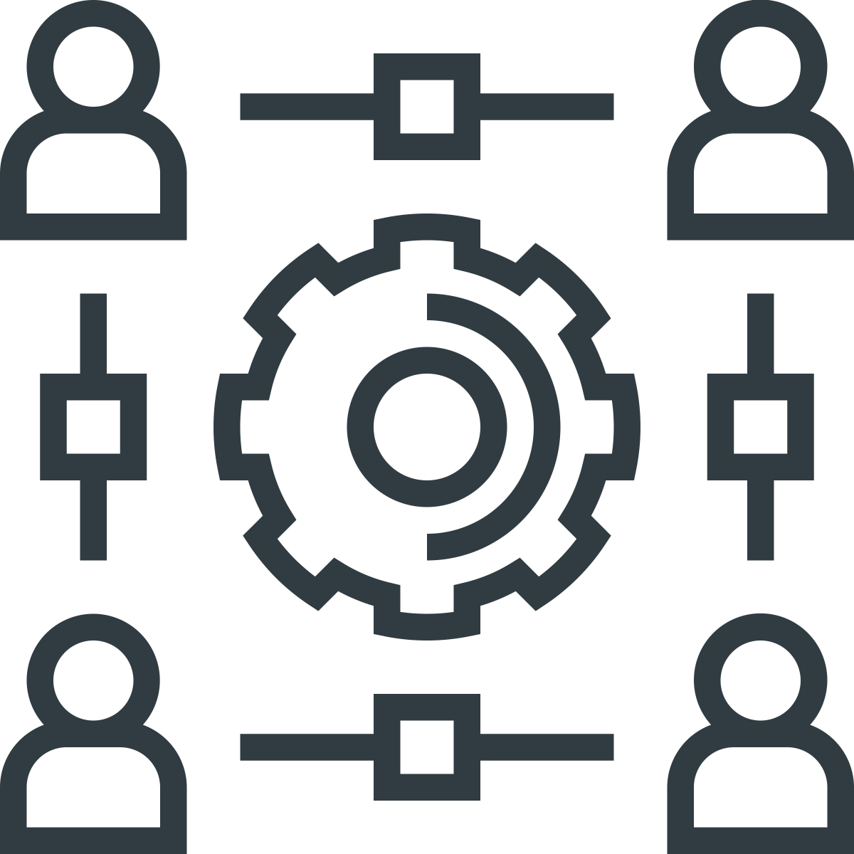 Icon representing team collaboration with four people connected by lines, a central gear, and control sliders.