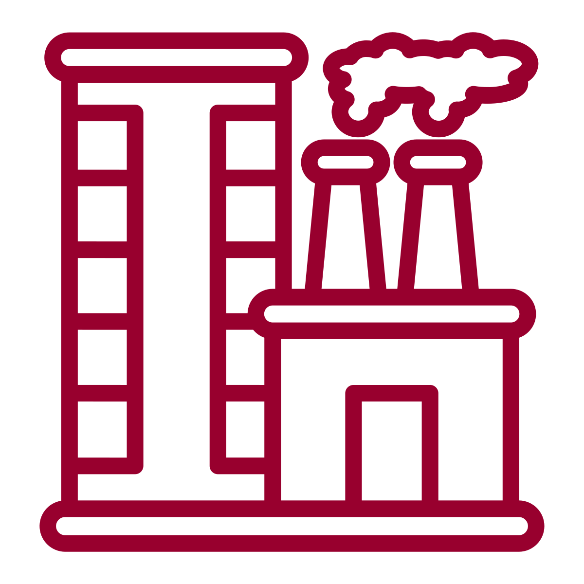 Outline icon of an industrial factory with smokestacks.