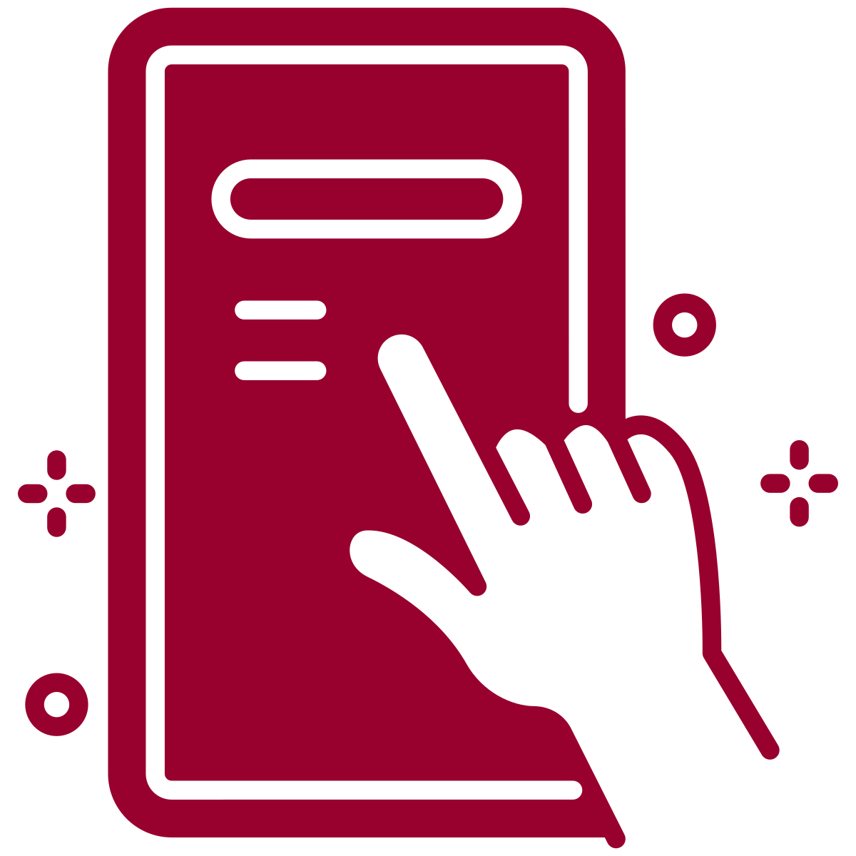 Icon of a hand with a pointing finger touching a smartphone screen, indicating tap or touch interaction.
