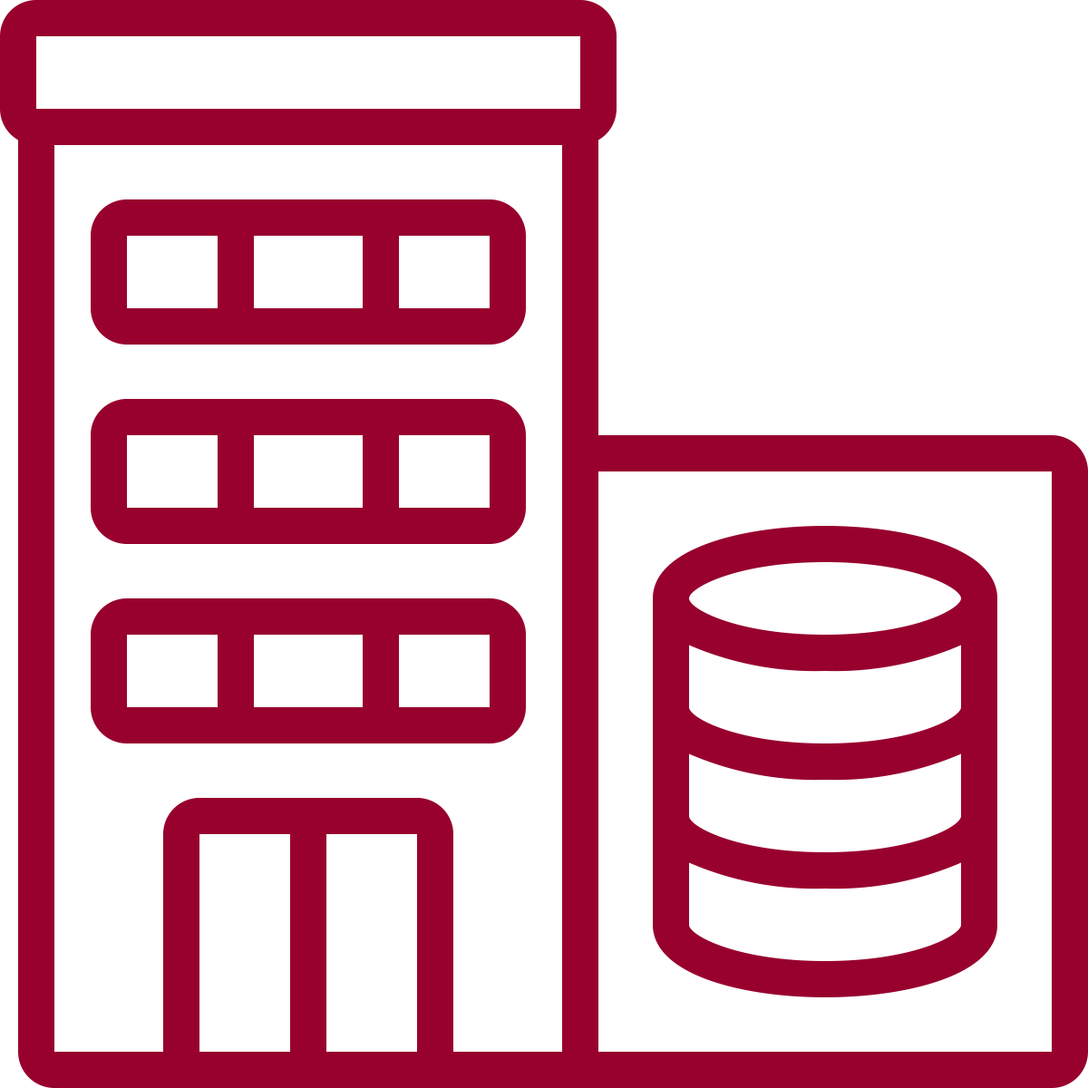 Outline of a server rack with multiple servers and a storage disk.