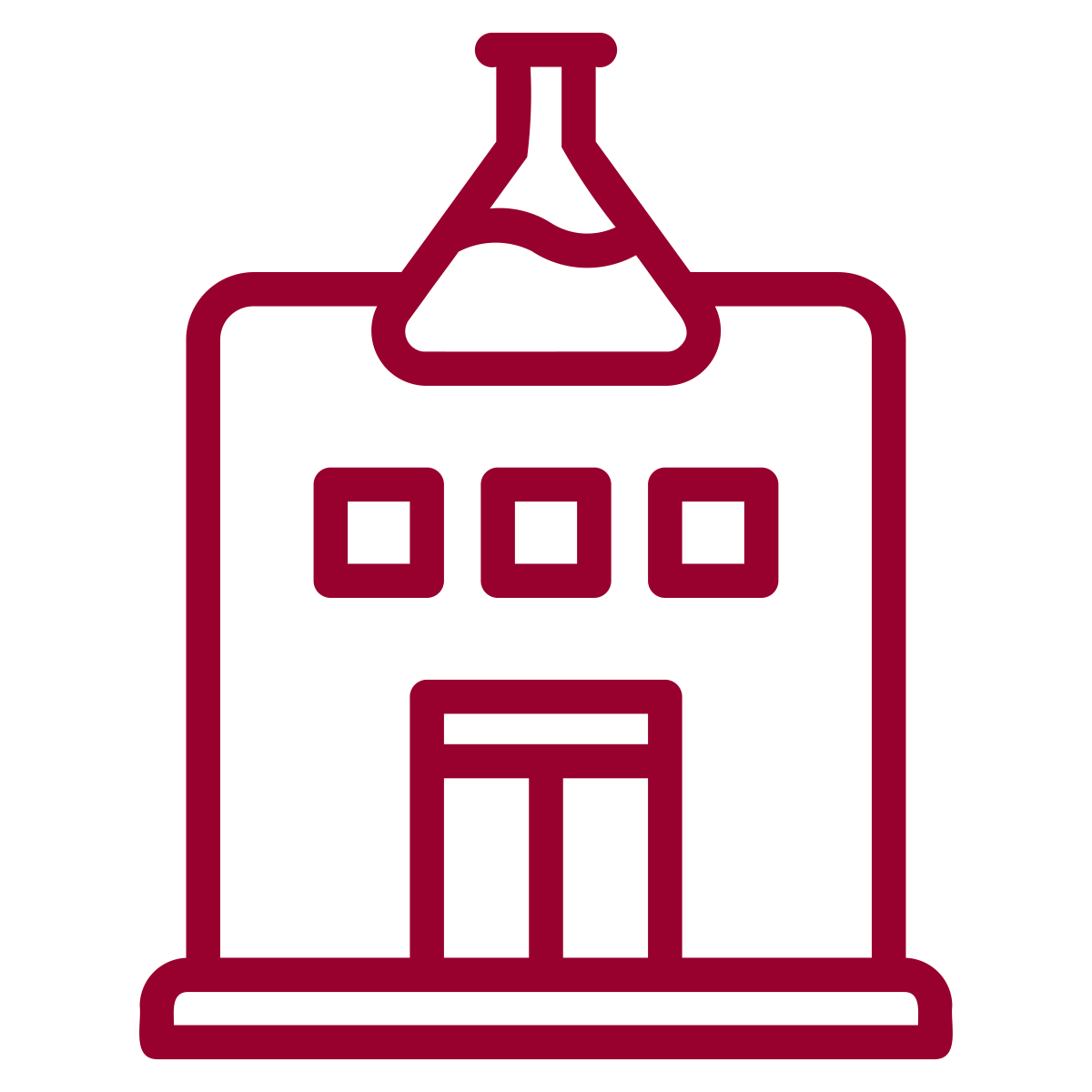 Outline of a building with a pointed roof and three square windows, with an elevator or doors at the base, all in maroon color.