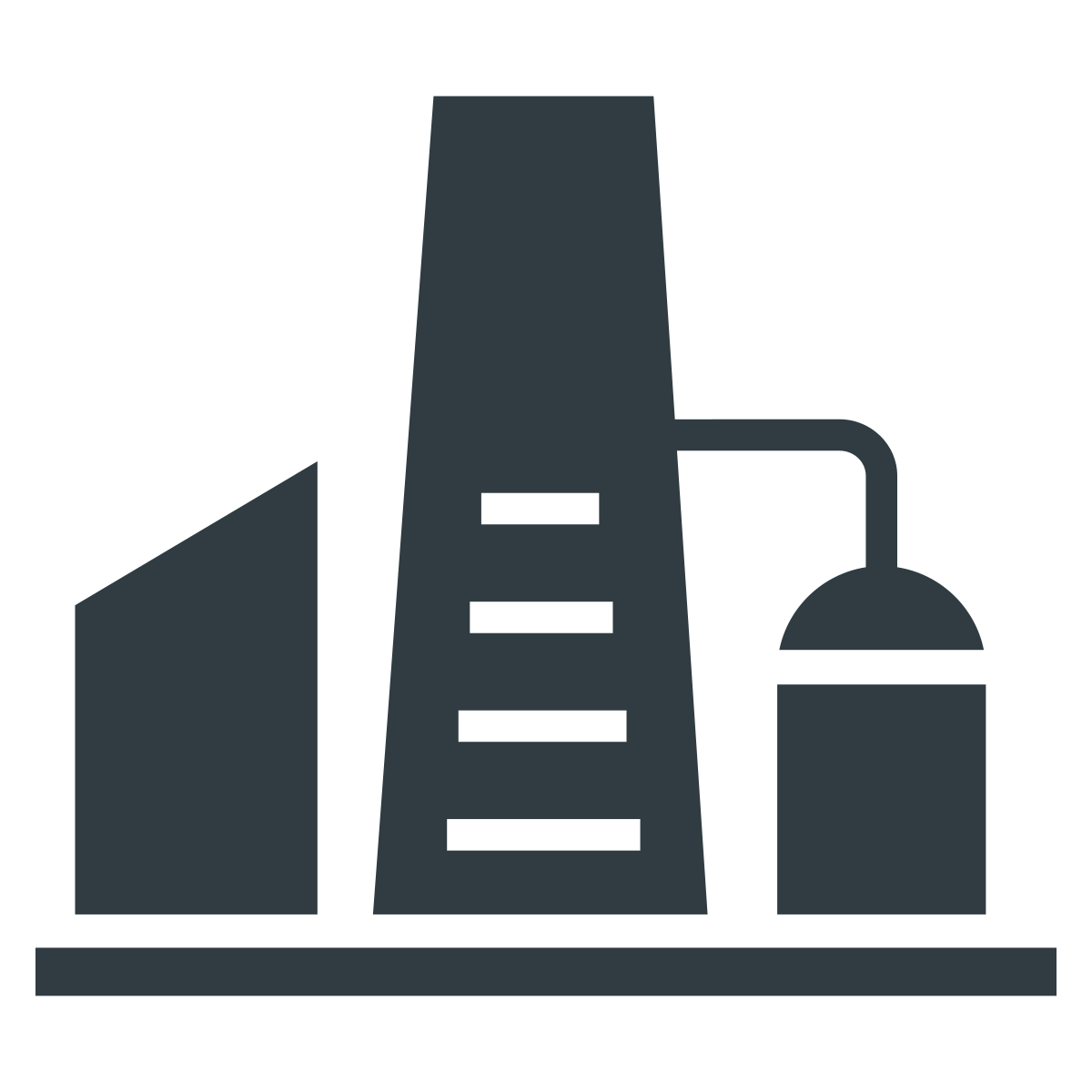 Icon of a factory with a chimney and a storage tank on a flat base. Controlled Facility.
