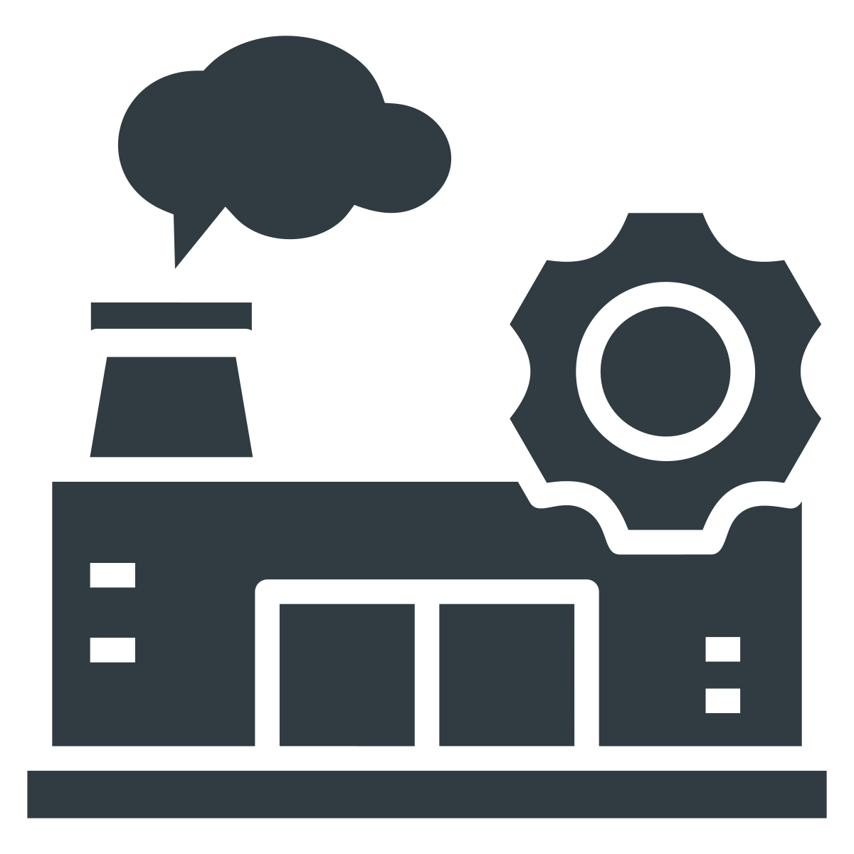 Industrial factory building emitting smoke with a gear icon overlay. Facility Management.
