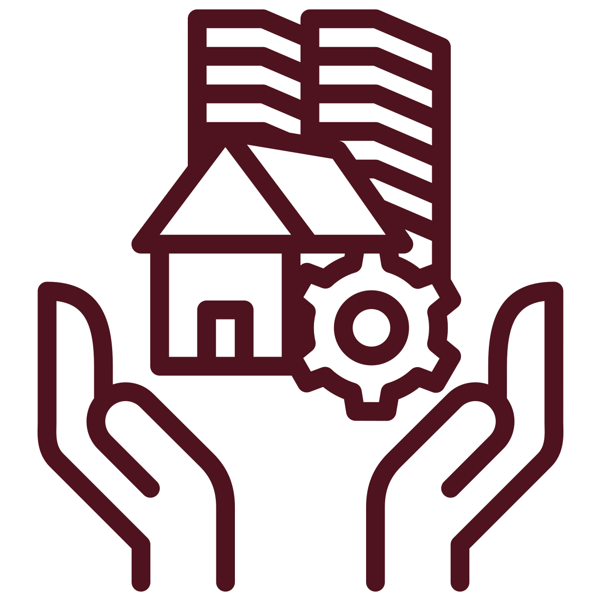 Outline of two hands holding a house, gear, and a plant, symbolizing home maintenance, repair, or construction.