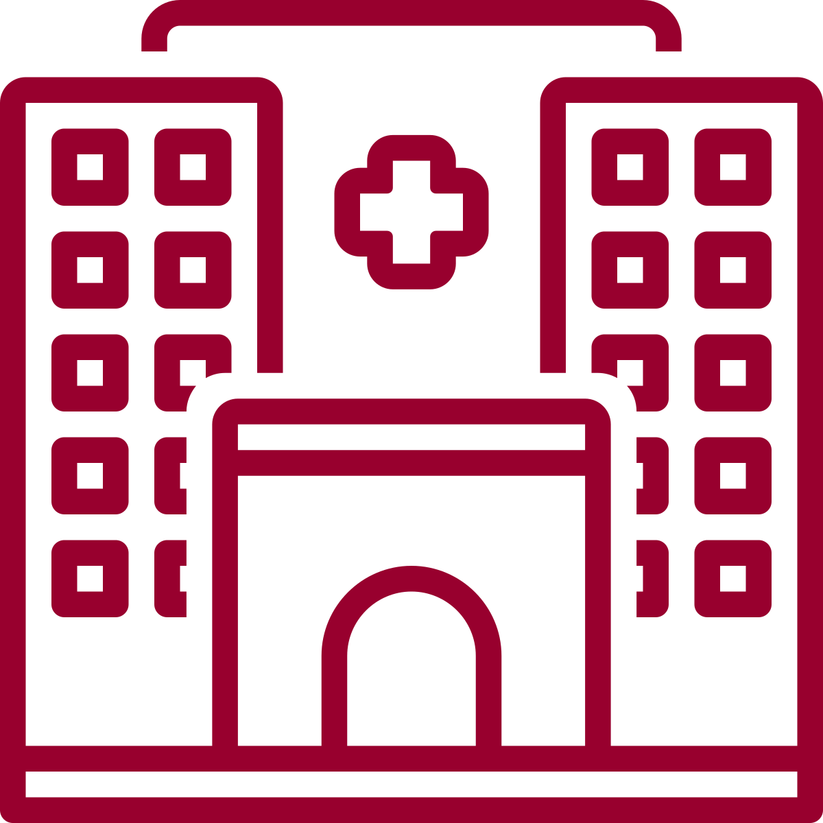 Outline icon of a hospital building with a cross in the center.