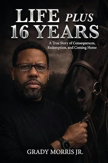 Book cover titled 'LIFE PLUS 16 YEARS' featuring a man holding a horse's bridle, with a dark background.