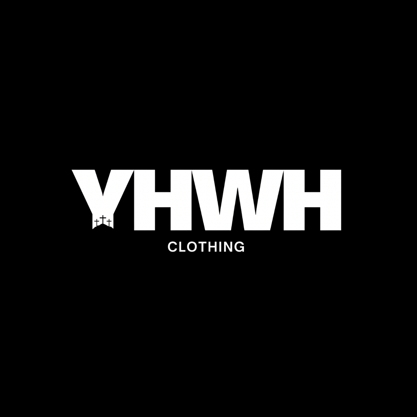Black background with large white text that reads 'YHWH' and smaller white text below that reads 'Clothing'. The letter 'Y' in 'YHWH' has three cross symbols at its base.