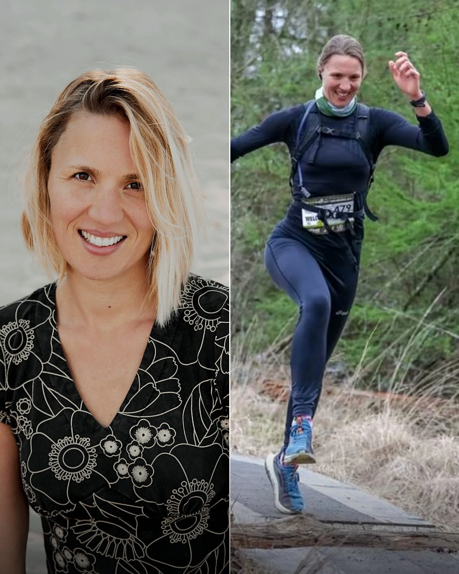 Split image showing a woman smiling in a black and white floral patterned top on the left, and a woman running outdoors in athletic gear on the right.