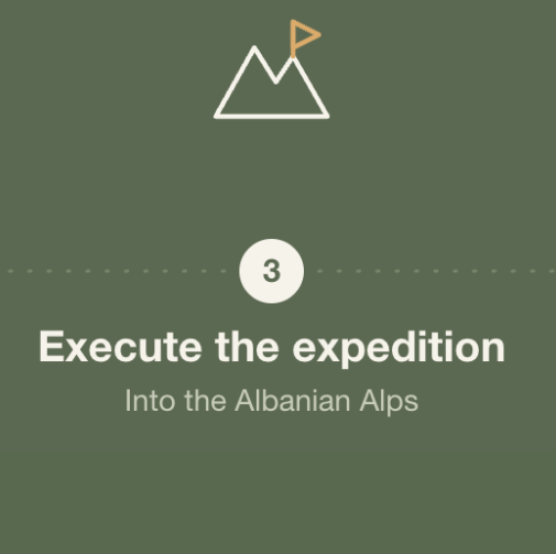 Mountains with a flag at the peak, and the text 'Execute the expedition Into the Albanian Alps'.