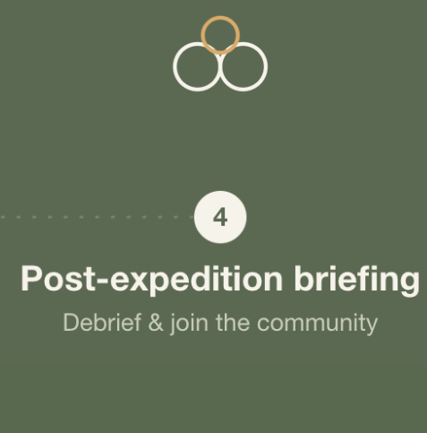 Post-expedition briefing slide with the title 'Post-expedition briefing' and the subtitle 'Debrief & join the community' on a green background.