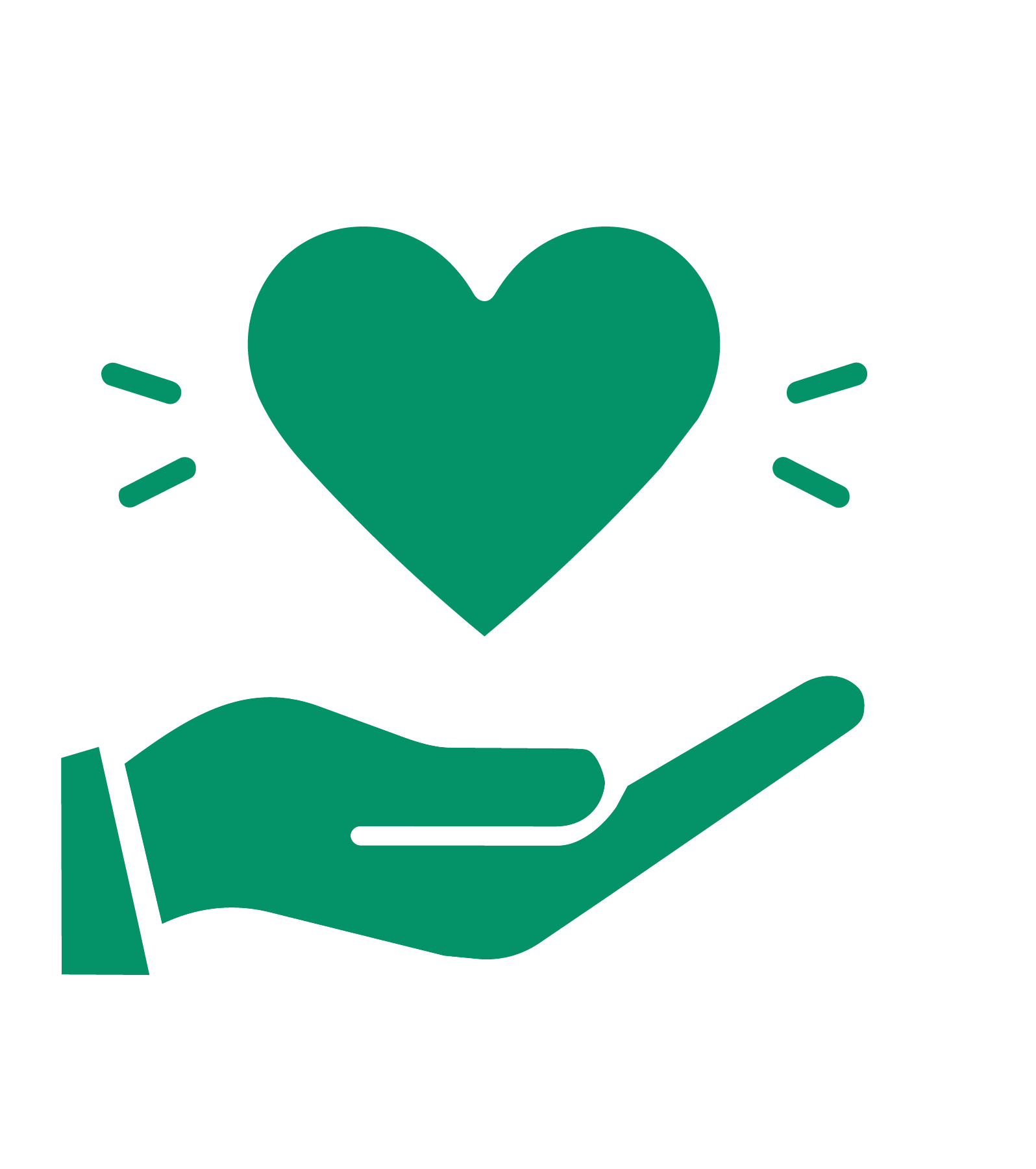 A green hand holding a green heart with white outline, surrounded by small green lines indicating emphasis or importance.