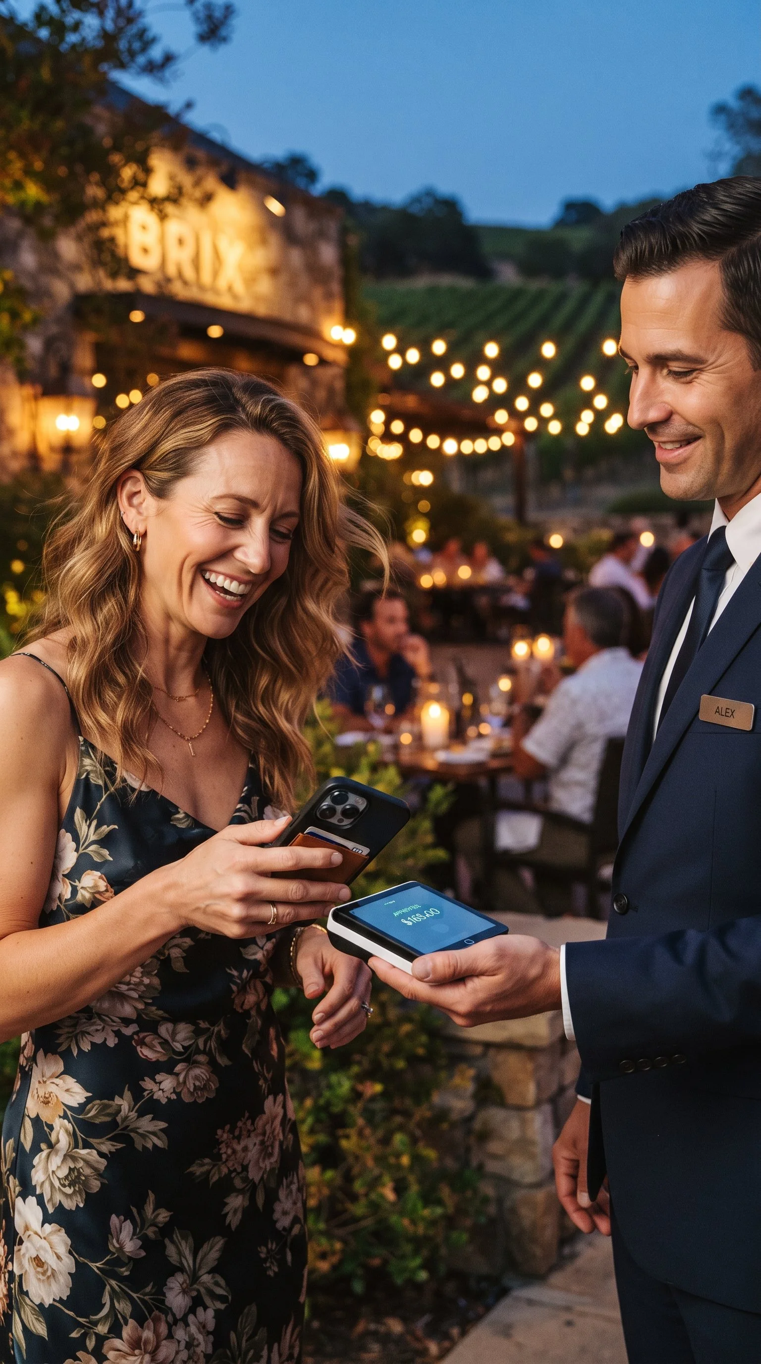 A woman in a floral dress and a man in a suit at an outdoor evening event, with lights and a crowd in the background, showing a transaction on her phone and a payment device.