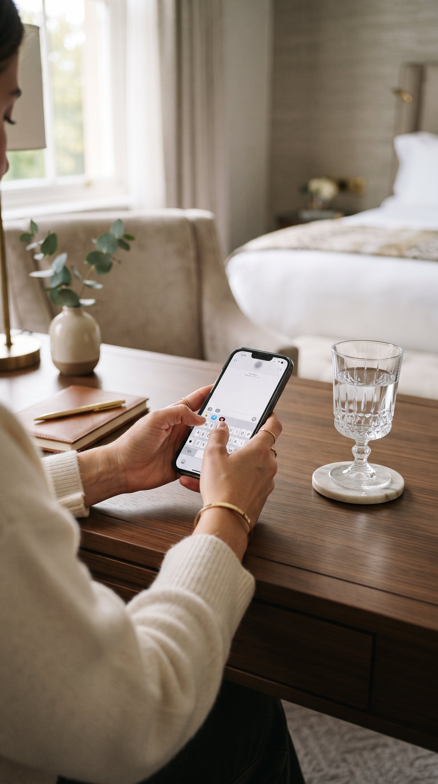 A person in a cream-colored sweater sitting at a wooden table, holding a smartphone and texting. On the table are a glass of water on a coaster, a closed notebook, and a pen. In the background, there is a beige sofa, a vase with green foliage, and a window with curtains in a cozy, well-lit bedroom.
