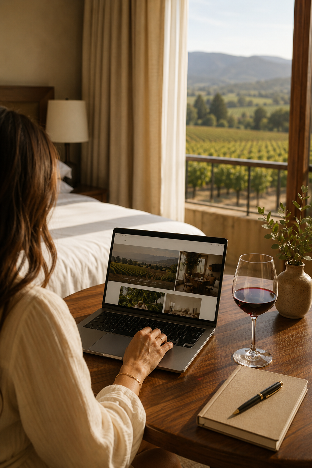 Woman working on a laptop at a wooden table in a hotel room with large windows showing a vineyard and mountains outside. The table holds a notebook with a pen, a glass of red wine, and a potted plant.