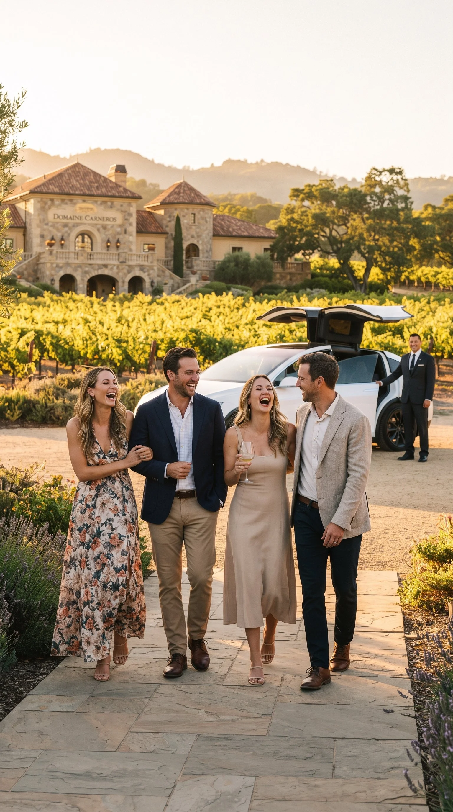 Group of five people, three women and two men, walking and laughing outdoors during a celebration, with a vineyard and a large estate in the background.