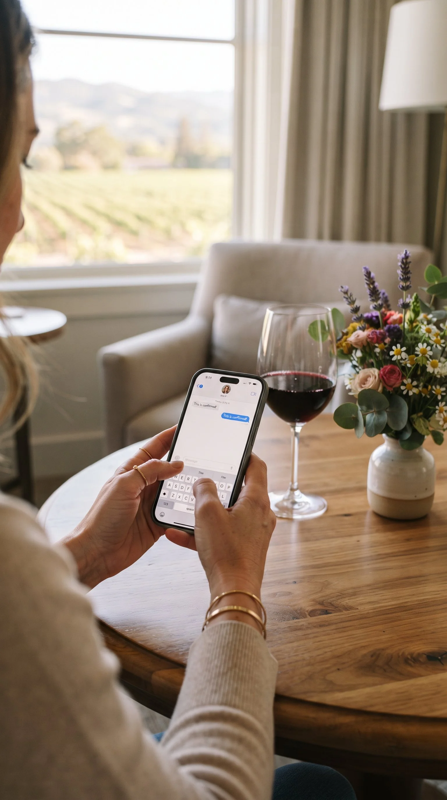 A woman holding a smartphone at a dining table with a glass of red wine and a bouquet of flowers, with a window showing an outdoor landscape in the background.